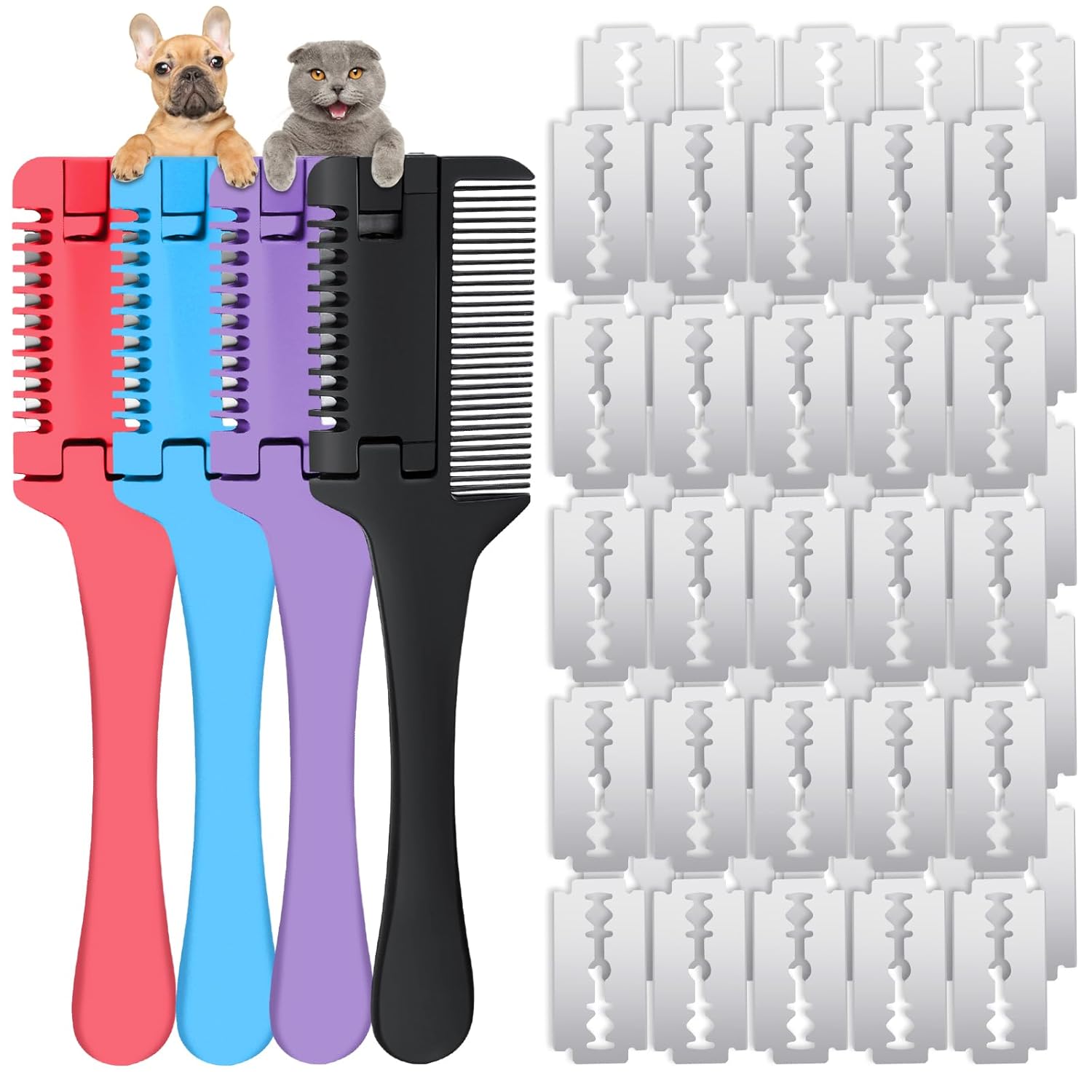 4 Pcs Razor Comb for Dogs Cats with 40 Pcs Extra Blades Pet