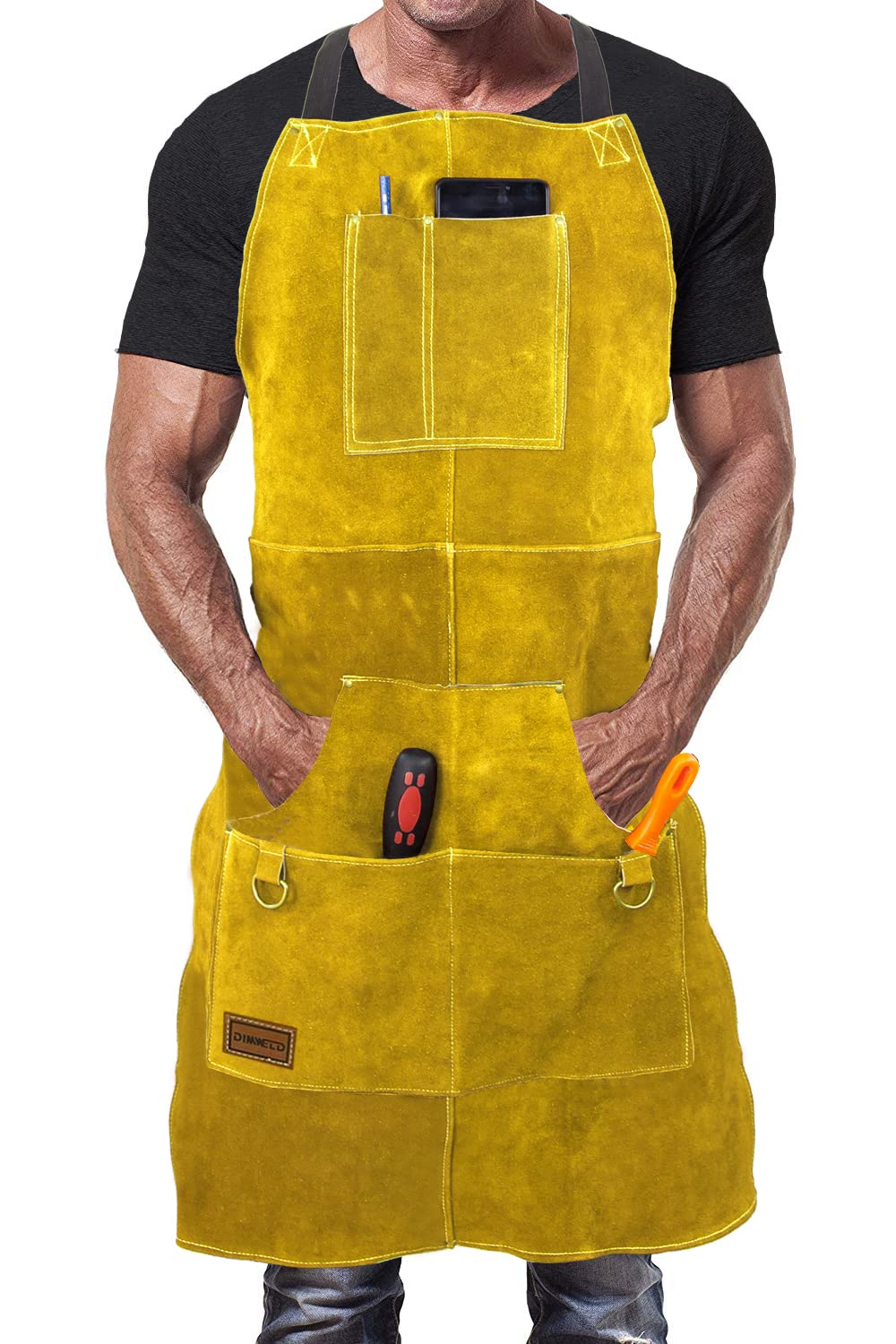 Dimweld Unisex Yellow Welding Apron. Leather Apron. Leather Aprons For Men Workshop. Welders And Blacksmith Apron With 6 Pockets For Men. Heat And Flame Resistant Stitched In Kevlar