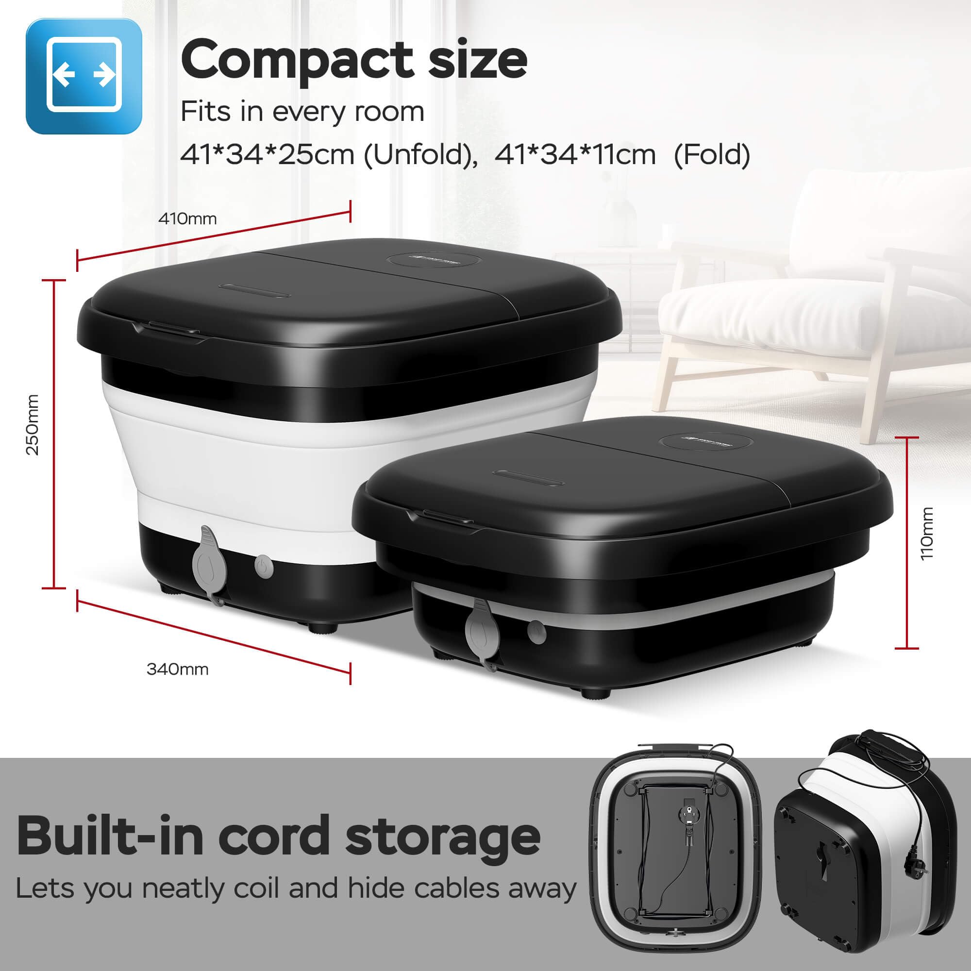 SportTronic Fußmassagegerät mit Whirlpool & Wärme – faltbar, 6 Massagerollen, 20 Shiatsu-Düsen, Sprudelfunktion, Pediküre, beheiztes Fußbad
