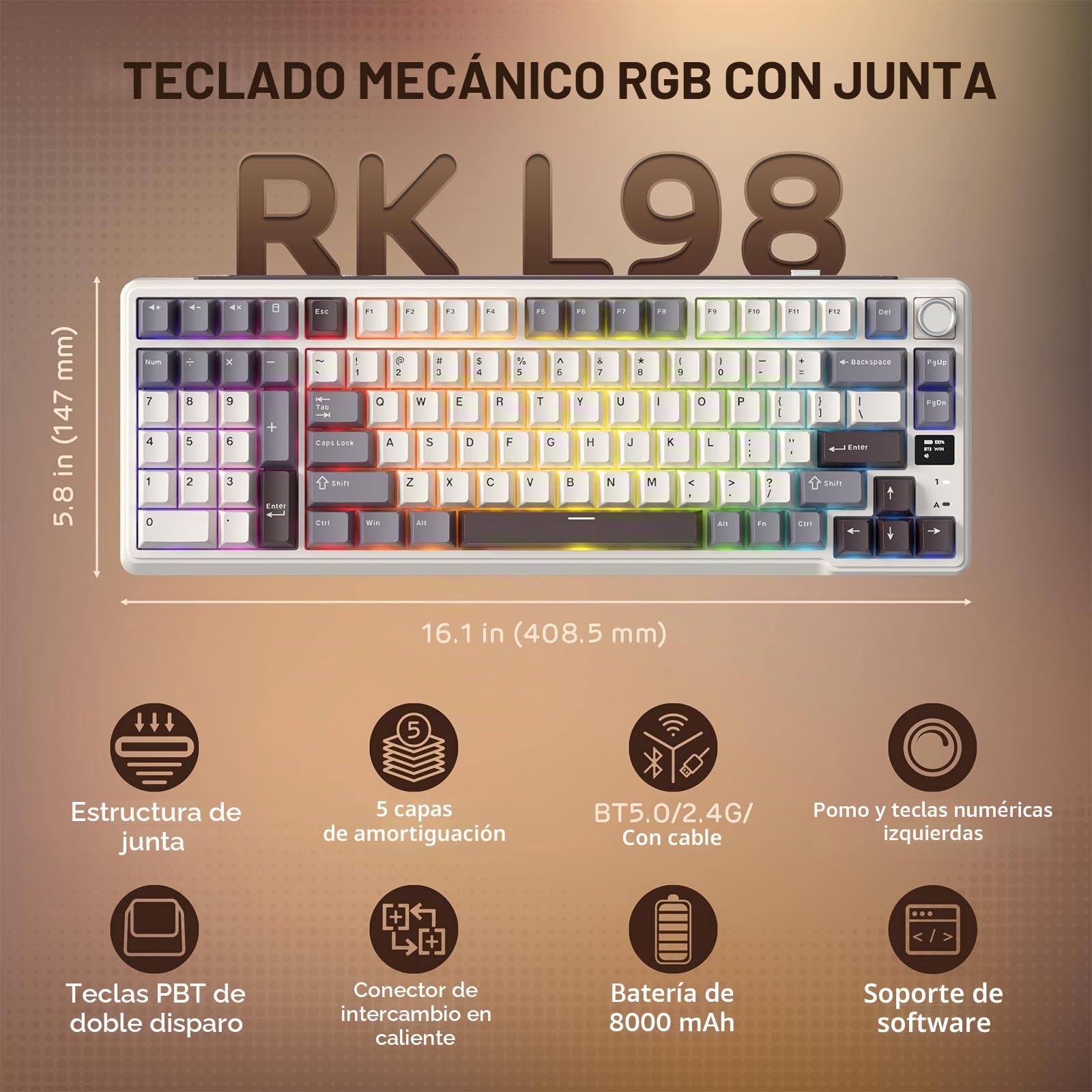 RK ROYAL KLUDGE L98 Teclado mecánico inalámbrico con diseño de paja southpaw para zurdos, botón intercambiable en caliente, teclado trimodo 95% BT/2.4G/USB-C, Pro software, montaje Gasket, batería
