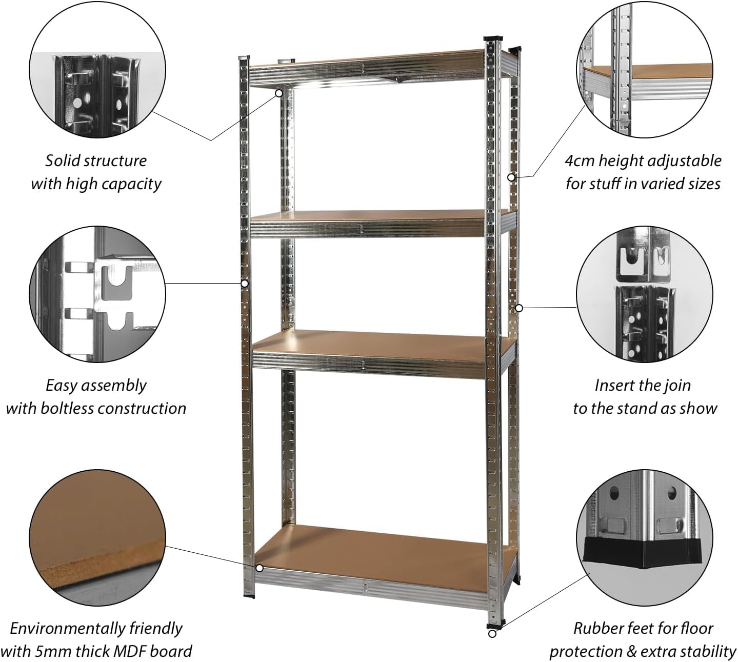 COZYBRITE Garagenregal, 4 Etagen, Robustes Schuppen, Lagerregal, Metall, schraubenlos, 175 kg pro Regal, 700 kg Tragkraft, für Lager, Werkstatt, Büro (90 x 45 x 180 cm) (2er-75x30x150 cm)