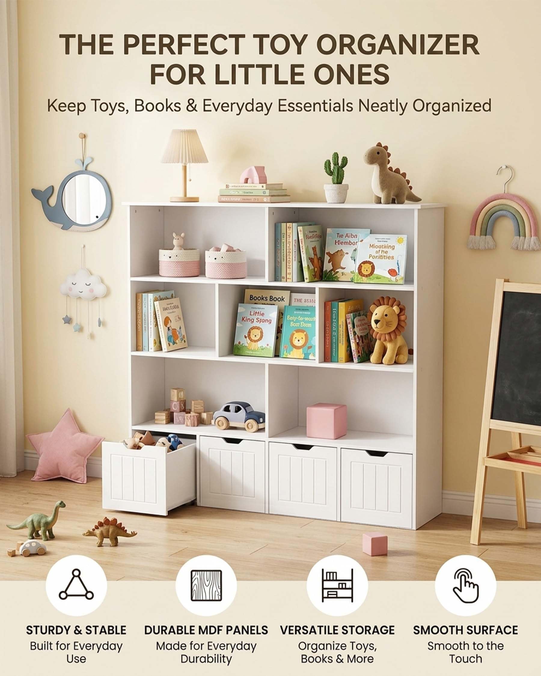 Estantería Infantil Blanca con Cajas sobre Ruedas, 125 cm