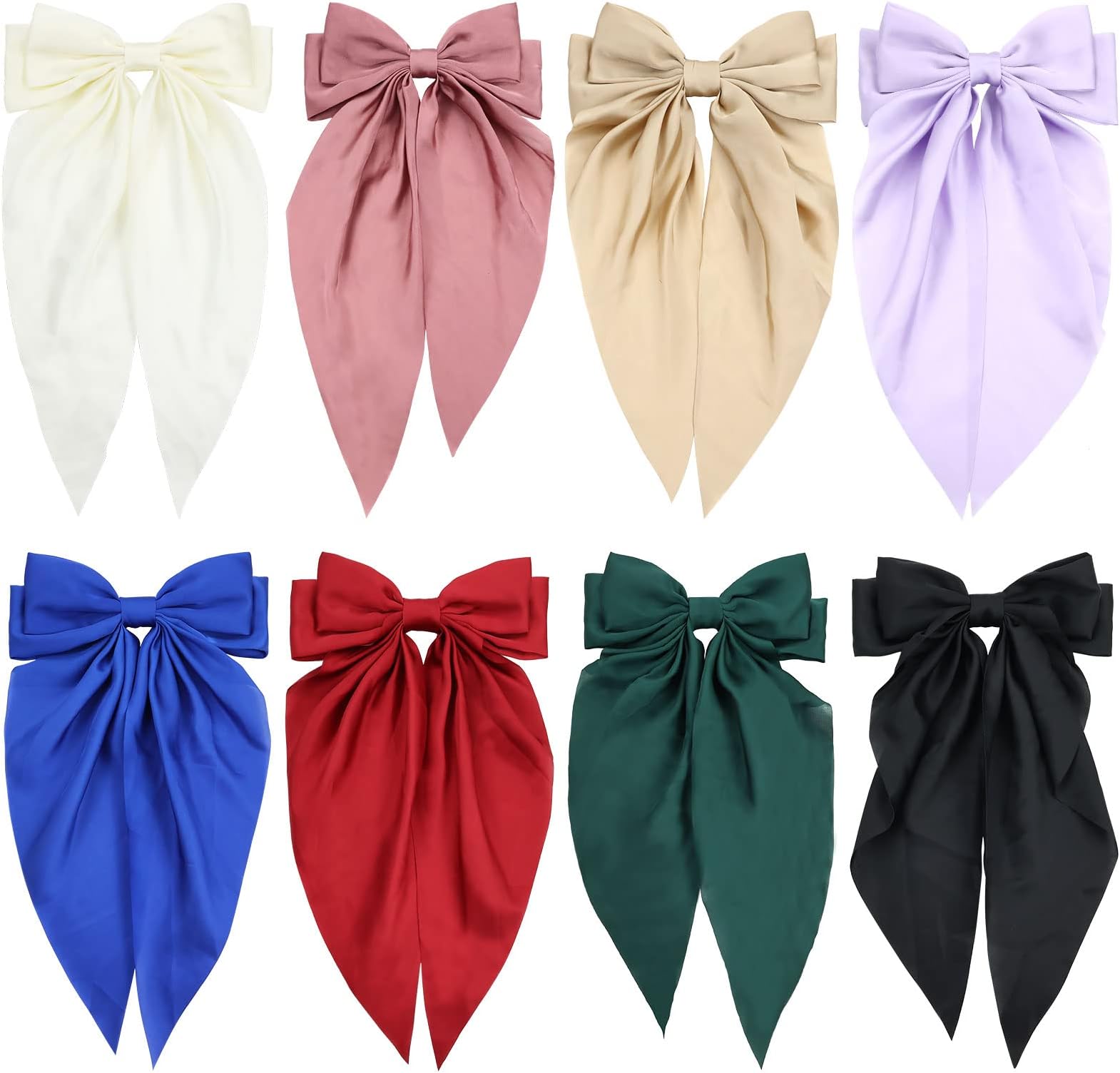 Lawie 8 Pack Satin Big Large White Pink Red Blue Black Ribbon Hair Bows for Women Oversized Giant Bow with Long Tail Hair Bow Clips Bowknot French Barrette for Girl Ponytail Holder Hair Accessories