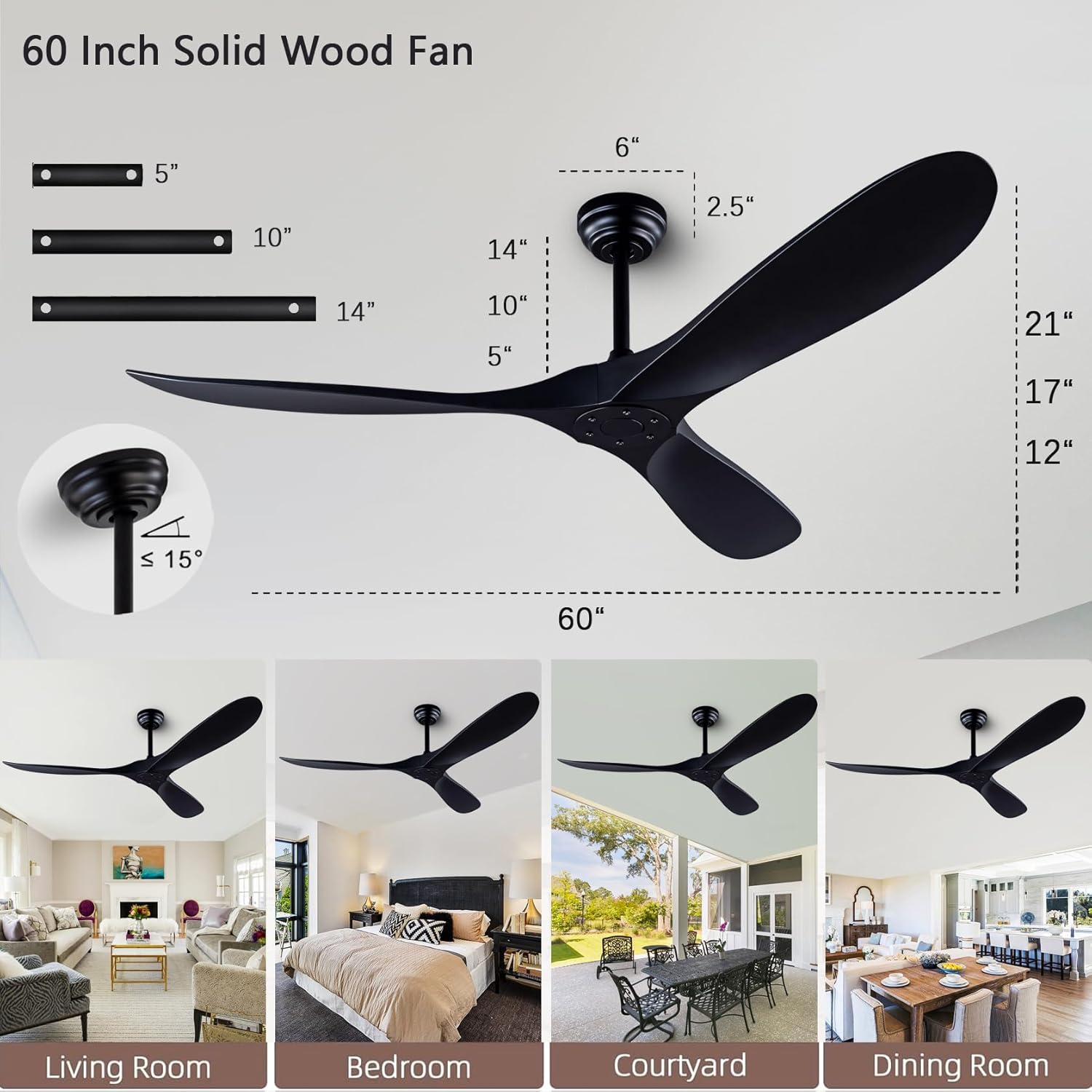 60” Ceiling Fans with Remote Control, No Lights, Modern Reversible DC Motor Indoor Outdoor 3 Blade Ceiling Fan for Patio, Living Room, Bedroom and Farmhouse (Black)