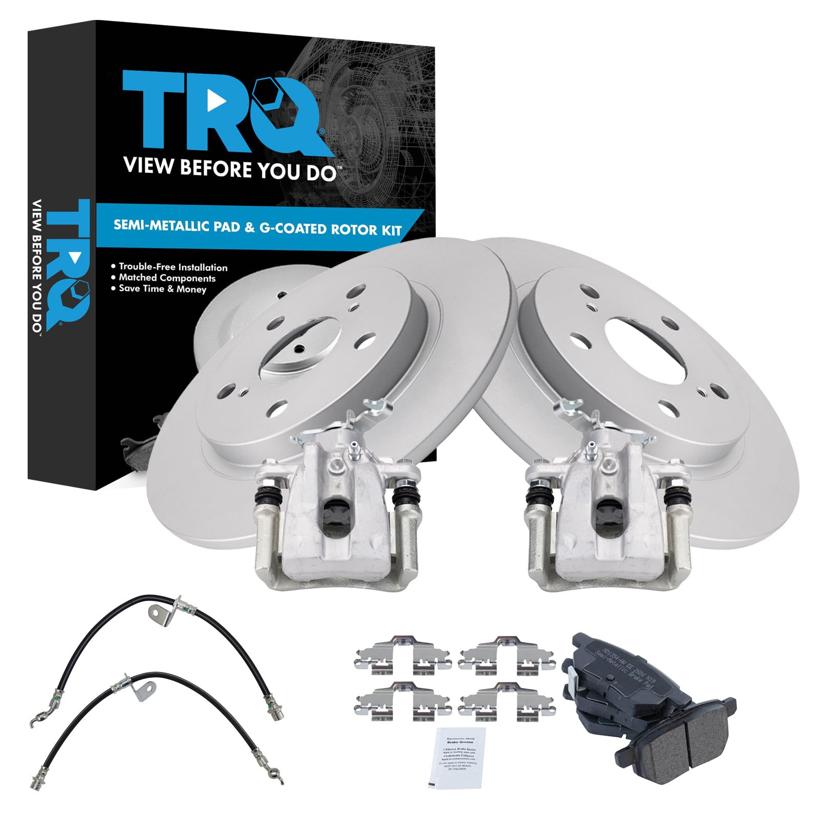 TRQ Rear Brake Pad and Rotor Set Semi Metallic Coated Rotors Calipers Compatible with 2009-2010 Pontiac Vibe 2009-2013 Toyota Matrix