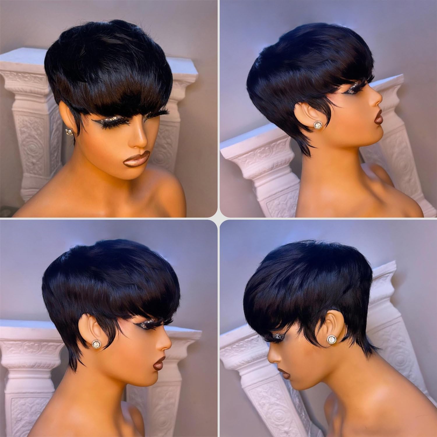 Short Human Hair Wigs for Women Pixie Cut Wigs with Bangs No Lace Front Wig Natural Short Straight Hair Glueless Wig Natrual Black - Image 2