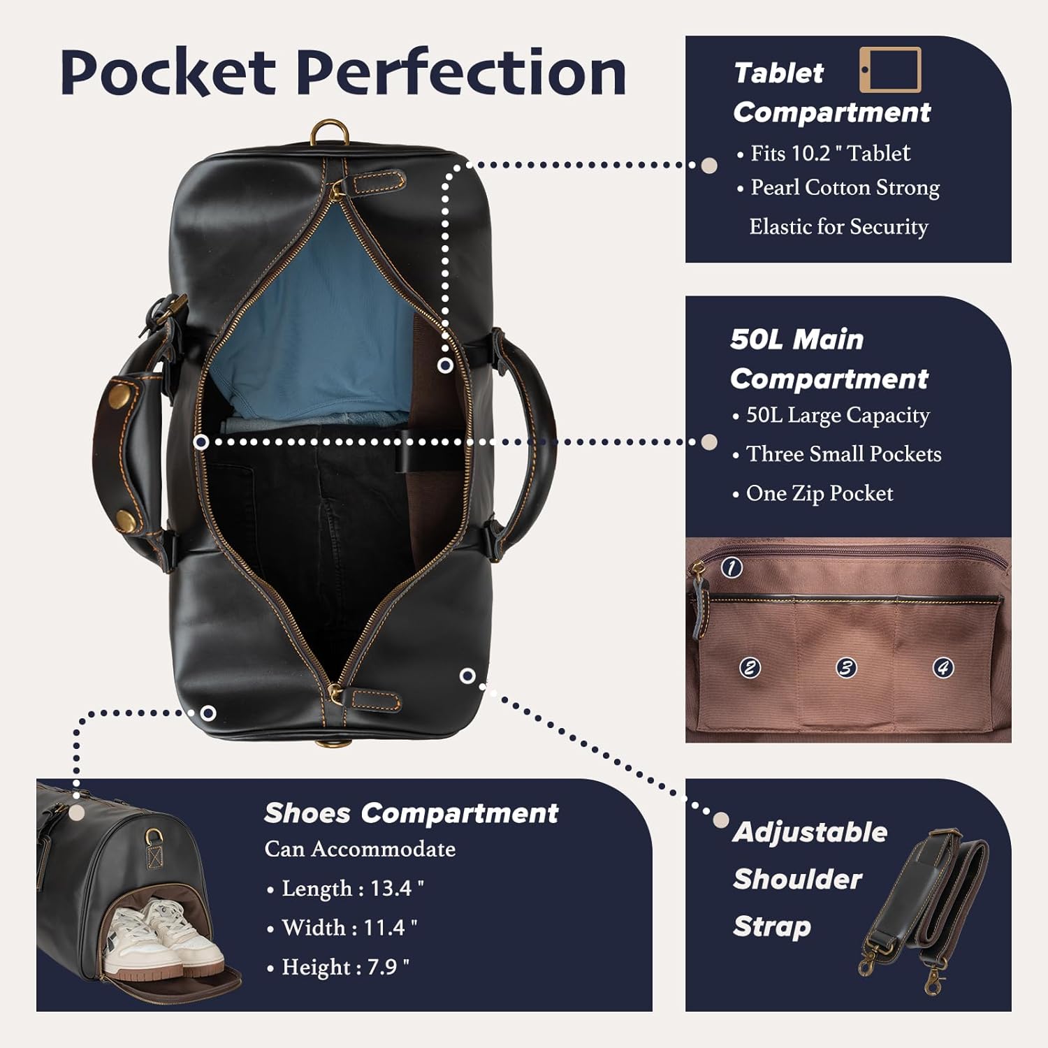 Leather Duffle Bags for Men with Shoe Compartment – 23.6" x 12.6" x 11" Travel Bag, Gym Bag, Also Suitable for Crossbody or Shoulder Carry, Black Large Size - Image 2