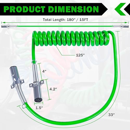 Miniatura 2 de CheeMuii Cable de remolque en espiral de 7 vías, 15 pies, cola larga, ABS, cable de alimentación eléctrica, freno de aire, cable eléctrico en
