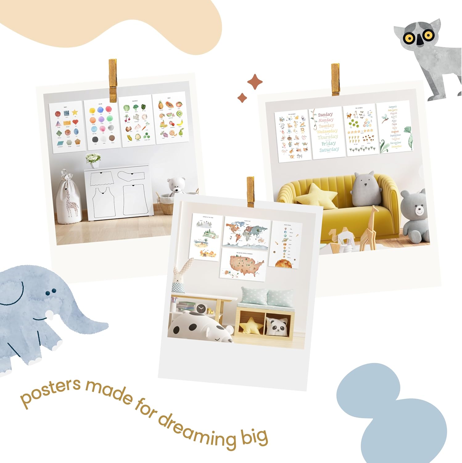 LUU'S CRAYONS Safari Nursery Wall Decor Set of 12 Animal Posters, 11x17 Inch for Baby Safari Nursery Decor for Boys & Girls and perfect Animal Themed Kids Playroom Wall Decor