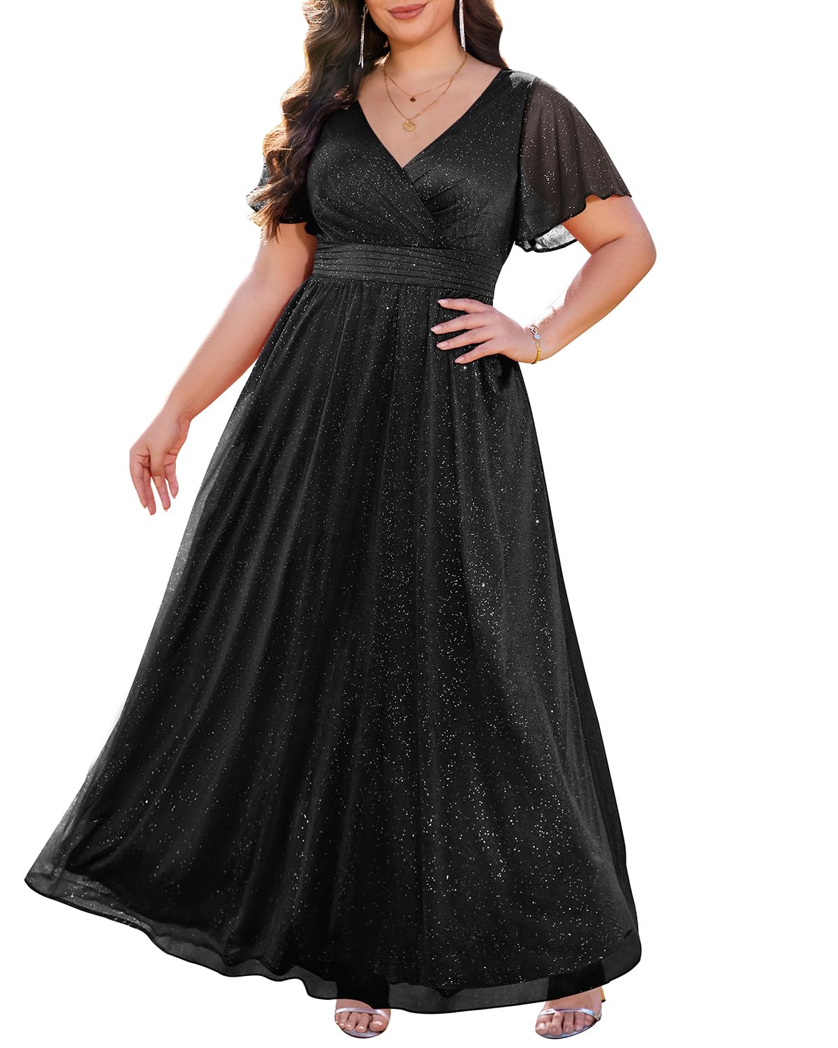 Talisea Plus Size Formal Dresses - V Neck Flutter Sleeve Glitter Prom Evening Gowns Wedding Guest Chiffon Long Maxi Dress