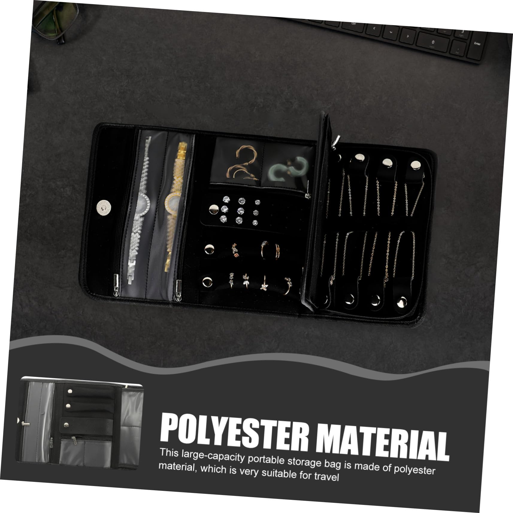 Faltbare Schmuckrolle Reise Organizer Schwarz aus Pu und Polyester