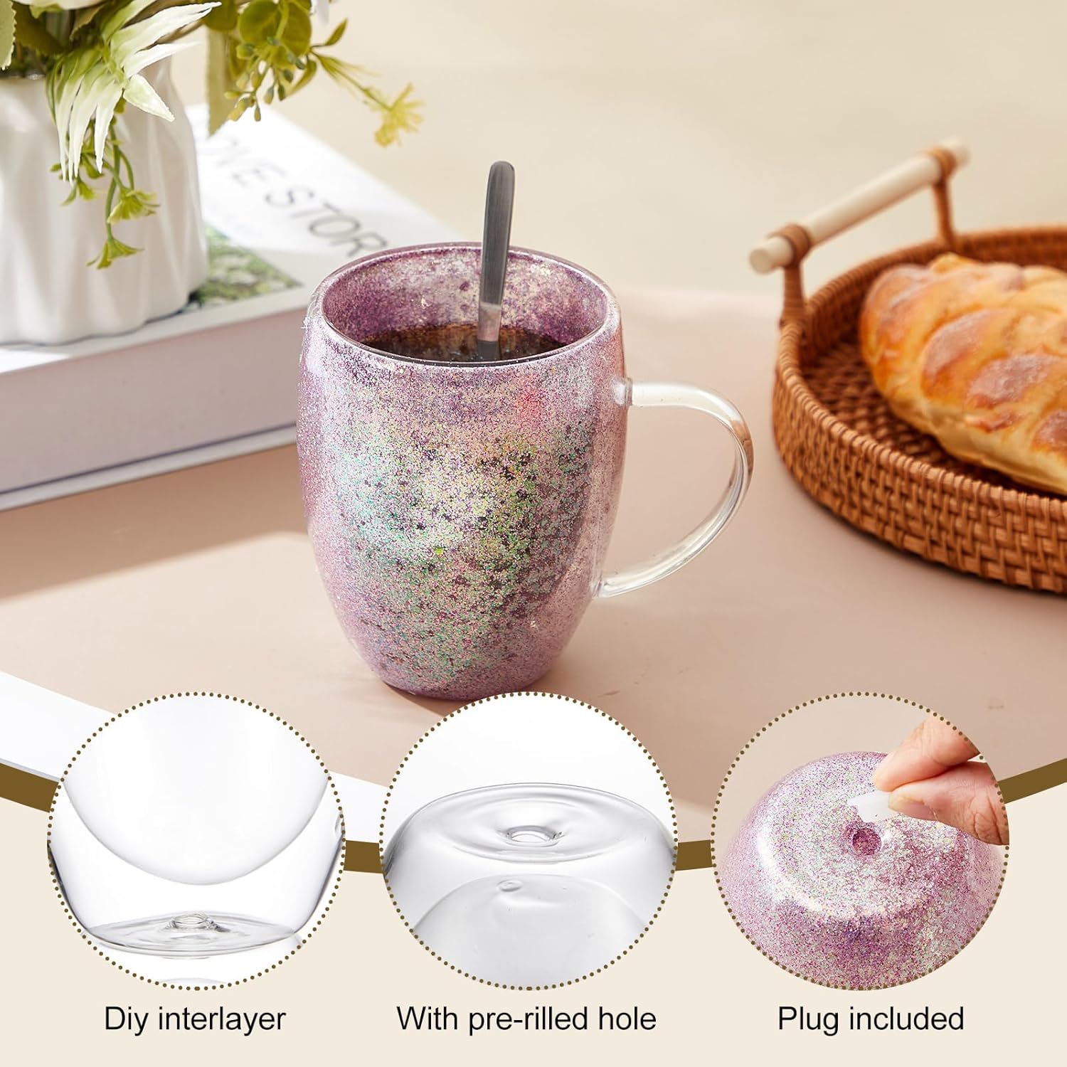 LemonRoad 12 Pack Snow Globe Double Walled Glass Coffee Mugs, Snowglobe Tumbler Cups with Mixing Spoons, Straws, Funnel, Tweezer & Syringe, DIY Glitter Cups Gift for Friends Family(12 oz,Round)