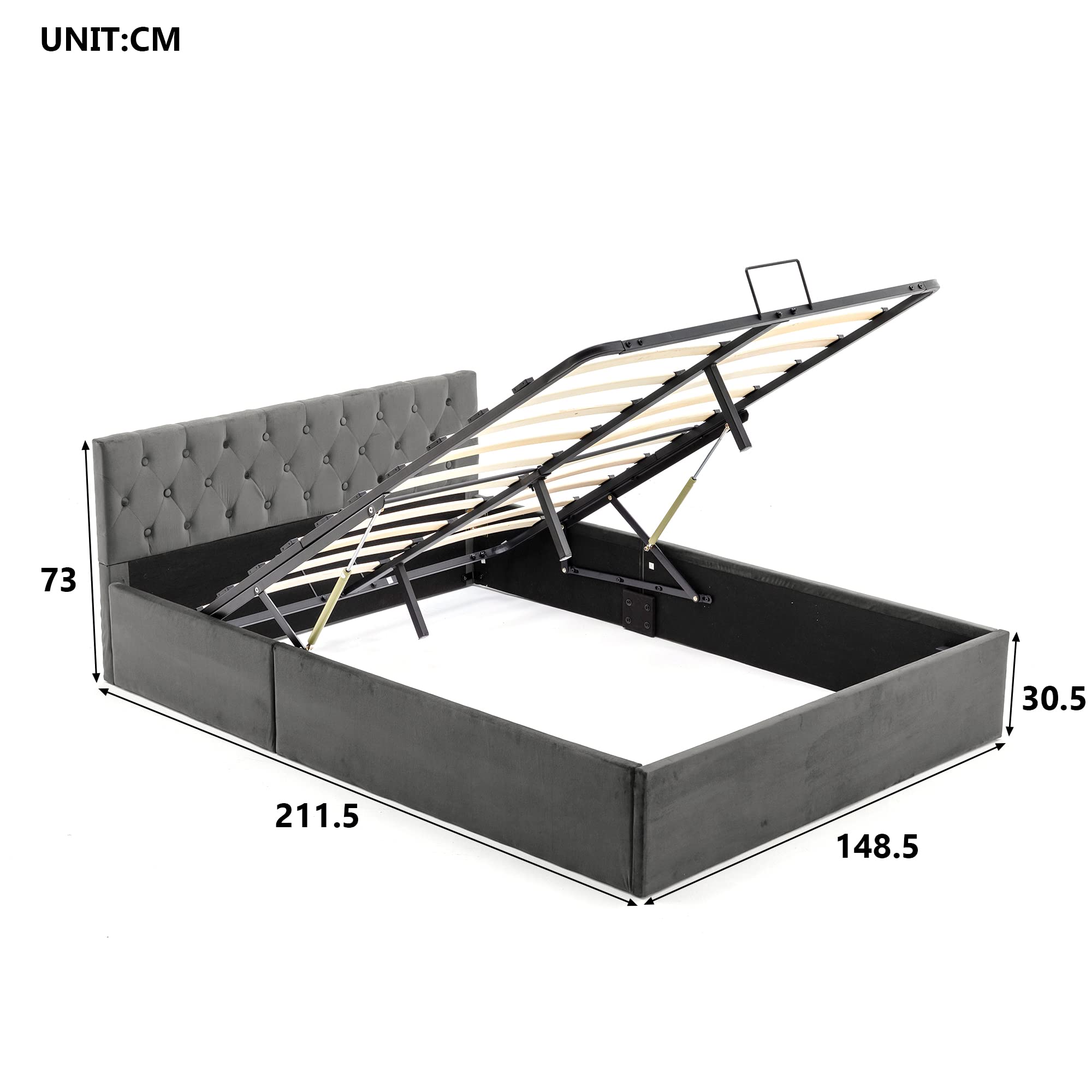 Cama con canapé de tela de terciopelo y somier de láminas, doble almacenamiento, base de madera, 140 x 200 cm (gris)