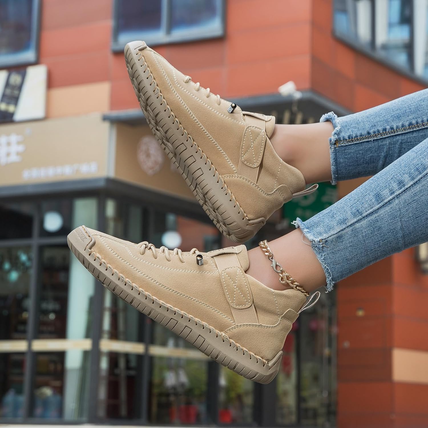 Womens Hand Stitching Leather Slip-On Ankle Boots with Adjustable Elastic Band Casual Lightweight Non-Slip Walking Loafers Retro High Top Flat Boat Shoes - Image 2