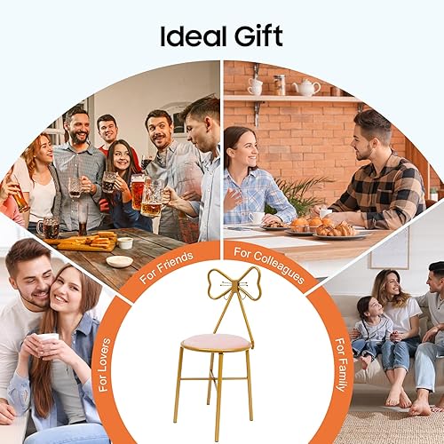 Miniatura 9 de Silla de maquillaje de mariposa rosa, cojín de terciopelo con marco de metal dorado profundo, silla de descanso con respaldo de lazo y cojín de