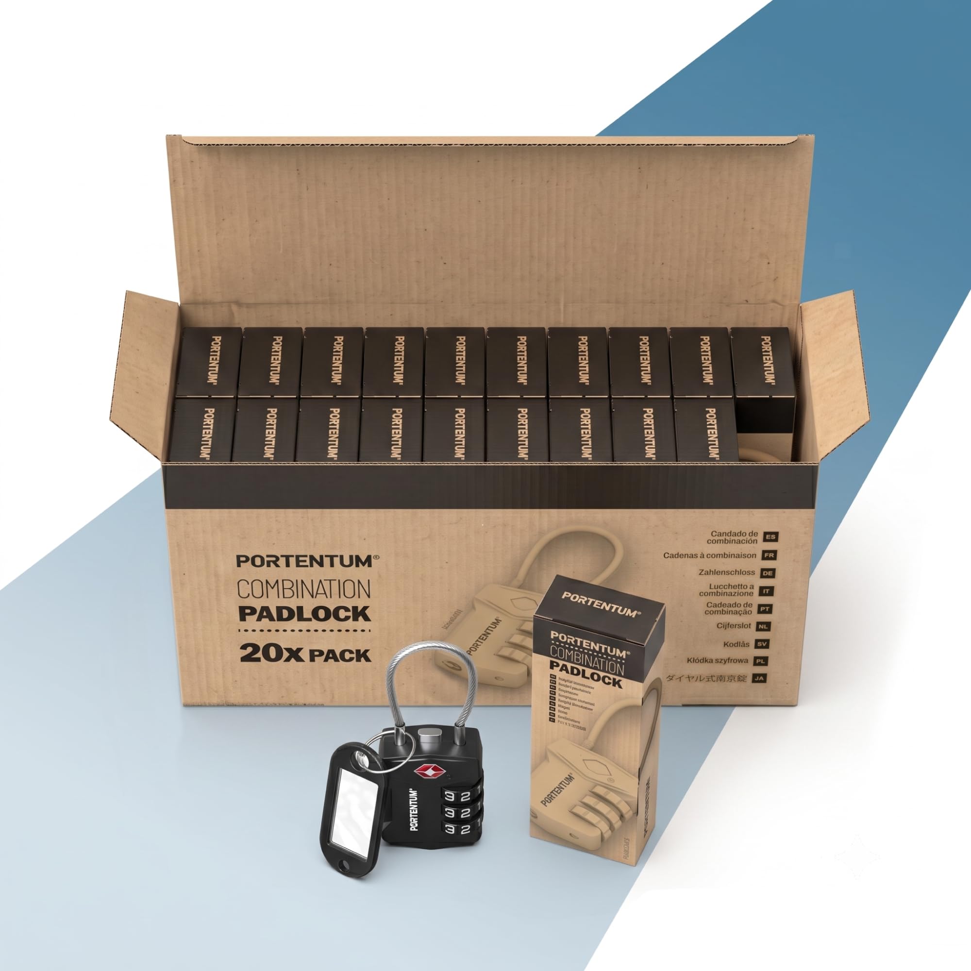 PORTENTUM Candado TSA homologado con combinación de 3 dígitos – Pack de 20 – Candado maleta viaje con cable flexible y llavero identificador – Candado equipaje para mochilas maletas bolsas y taquillas