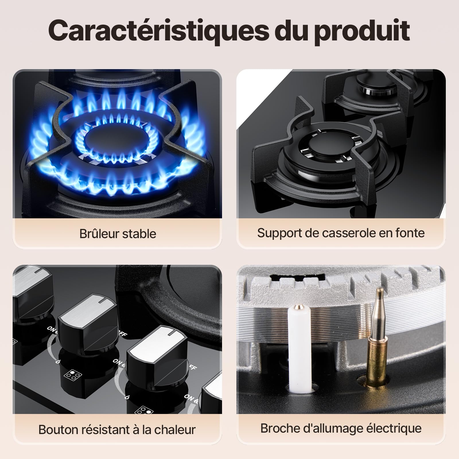 Plaque de Cuisson Gaz 4 Feuxs Encastrable 60cm 7800W Grille Fonte Verre Noir