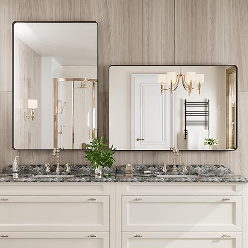 Miniatura 123 de Espejo de baño dorado, 48 x 30 pulgadas, espejo de marco de metal dorado cepillado para pared, espejo rectangular redondeado de tocador de baño