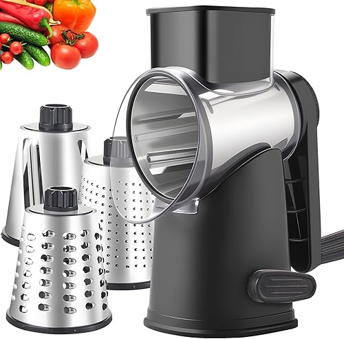 Miniatura 10 de Ralladores rotativos de queso con 4 cuchillas, rallador de queso de manivela con rebanador de waffles, rallador de queso rojo, negro y blanco con