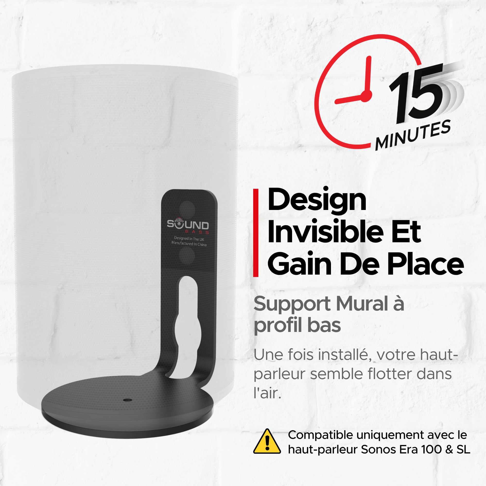 Sound bass Support Mural Era 100 – Profil Bas, Noir, Unité Simple, Compatible avec Sonos ERA100 & Era 100 SL Enceinte, Kit de Fixation Complet Inclus