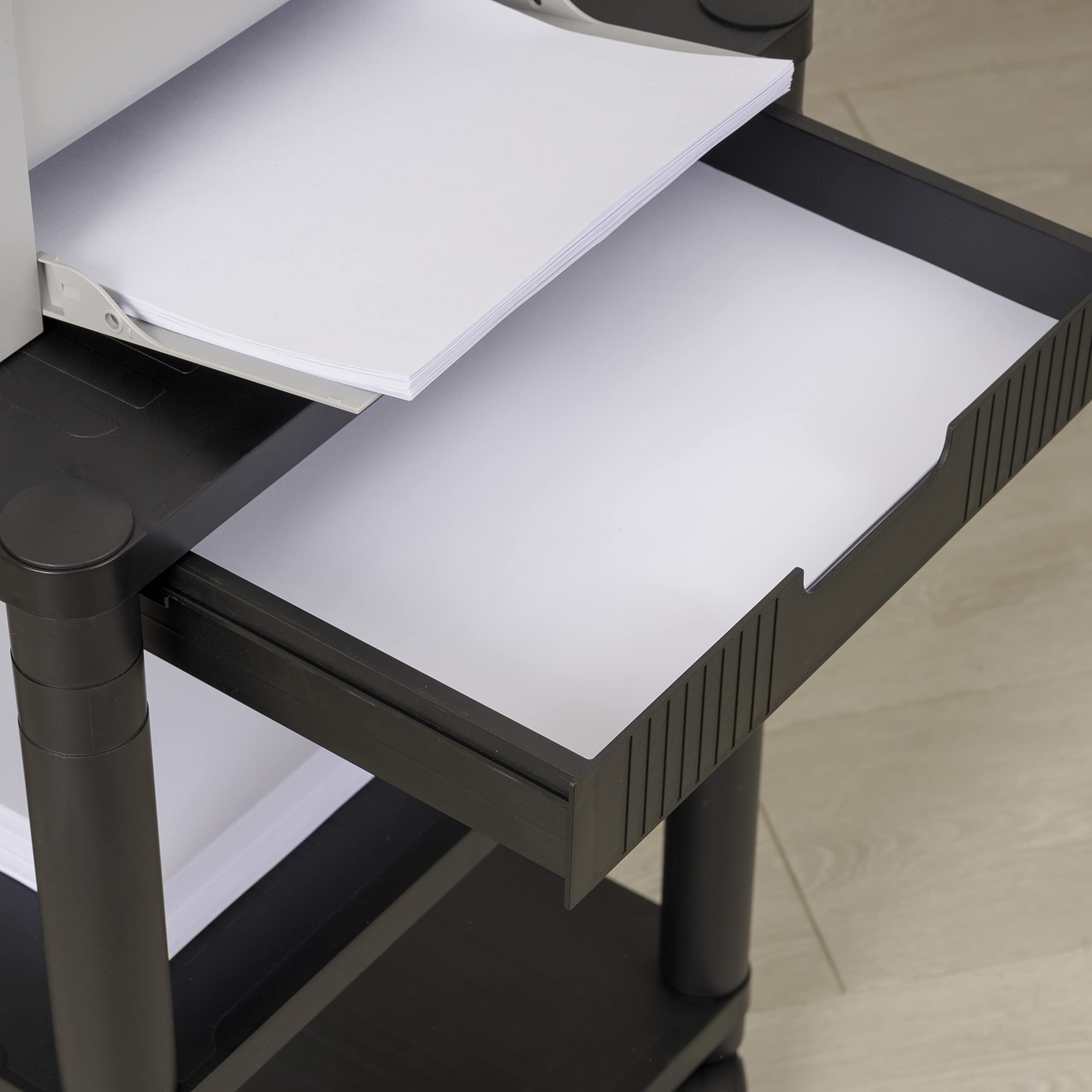 Baroni Home Mobile Ufficio con Ruote e Cassetto con Tre Ripiani, Carrello con Scaffali in Plastica, Supporto con Piano d’Appoggio per Stampante, Nero