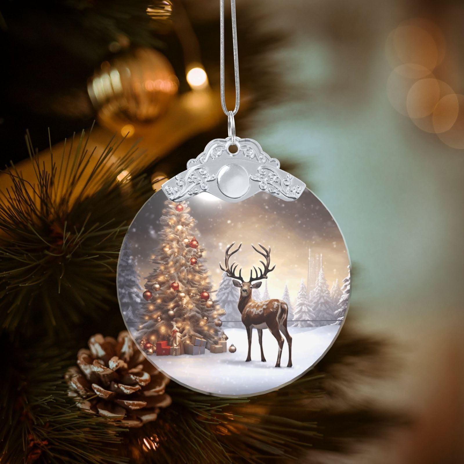Crystal Christmas Ornaments for Christmas Tree Decoration Hanging Christmas Tree and Reindeer Ornament with Gold Ribbon Crafts Round Pendant for Keepsake Gifts Glass Xmas Decor Party Supplies