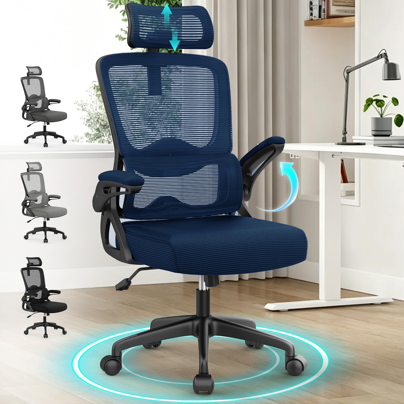 YONISEE Office Chair, Ergonomic Desk Chair -Dual Backrest Design with 2D Lumbar Support & Adjustable Headrest. Swivel Computer Chair with Flip-up Padded Armrest, Thickened Seat for Home/Work/Gaming