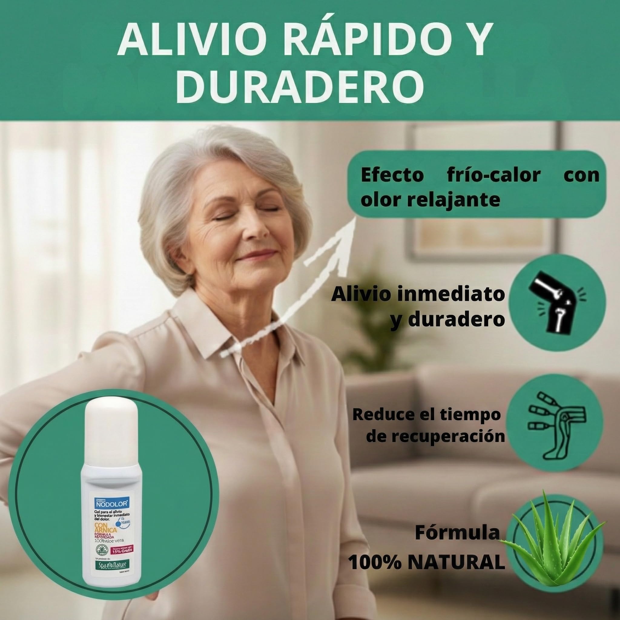 Spa Nature Rollon NoDolor-Gel para Alivio Inmediato del Dolor para Músculos y Articulaciones-Arnica y Aloe Vera 100% Natural, 70 ml
