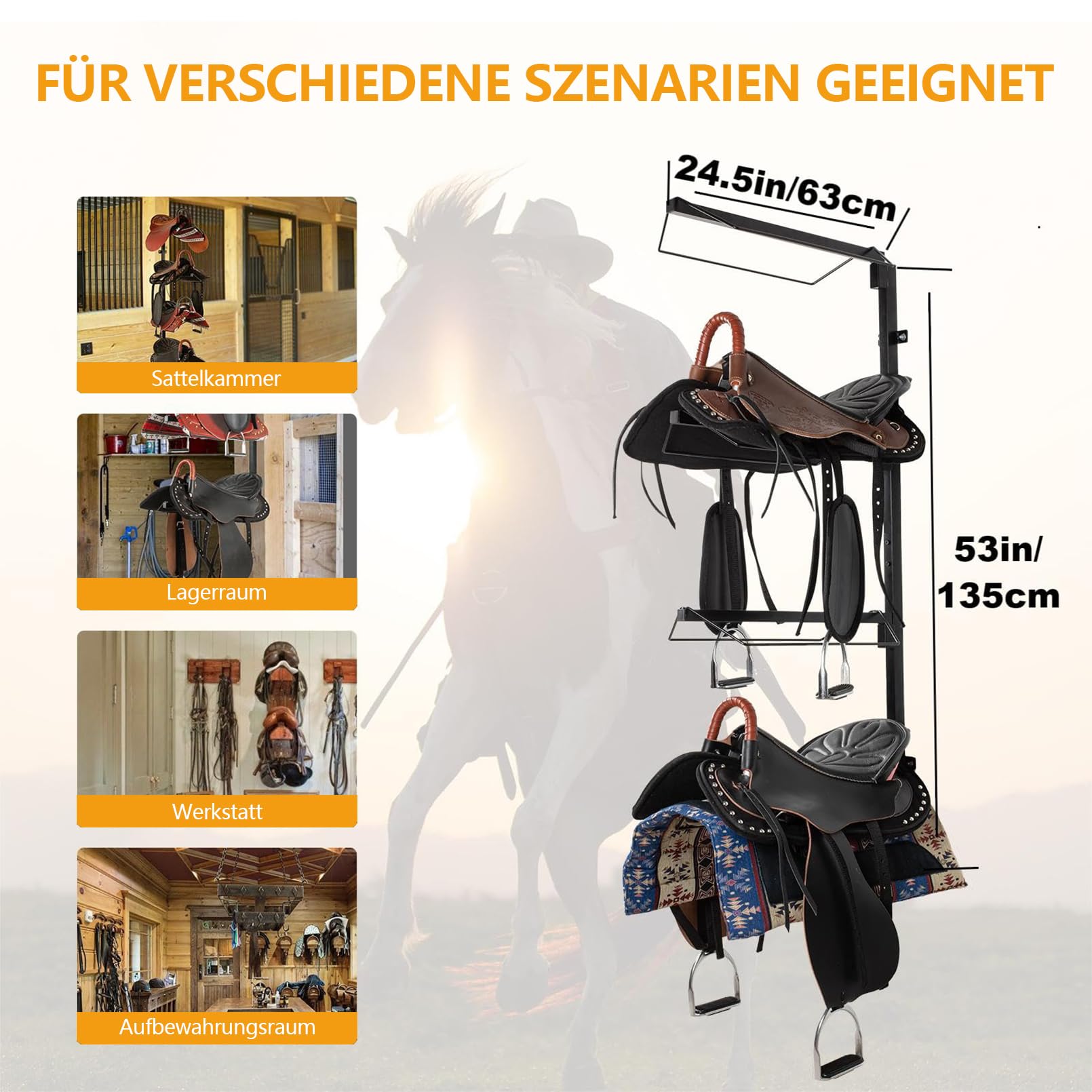 4-stufiger sattelhalter zur Wandmontage, Verstellbarer Sattelstorage für Pferde, bietet Platz für 4 Western- und Englischsättel, hängend, ideal für den Sattelraum oder die Lagerung,Schwarz