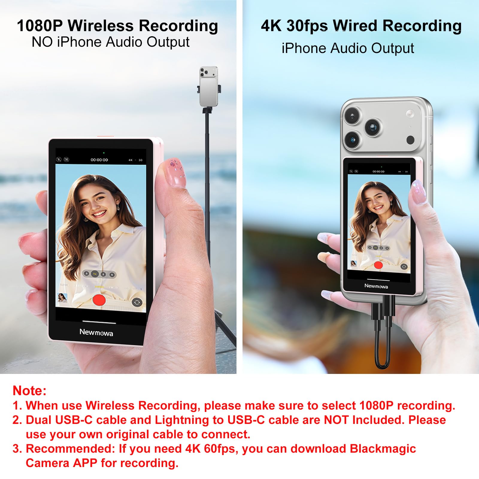 Newmowa Écran Selfie Vlog Magnétique pour iPhone,4K 30fps Connexion Filaire | Enregistrement sans fil 1080p, Caméra Arrière de Téléphone pour Selfies Vlogs TikTok Livestreams, Rose