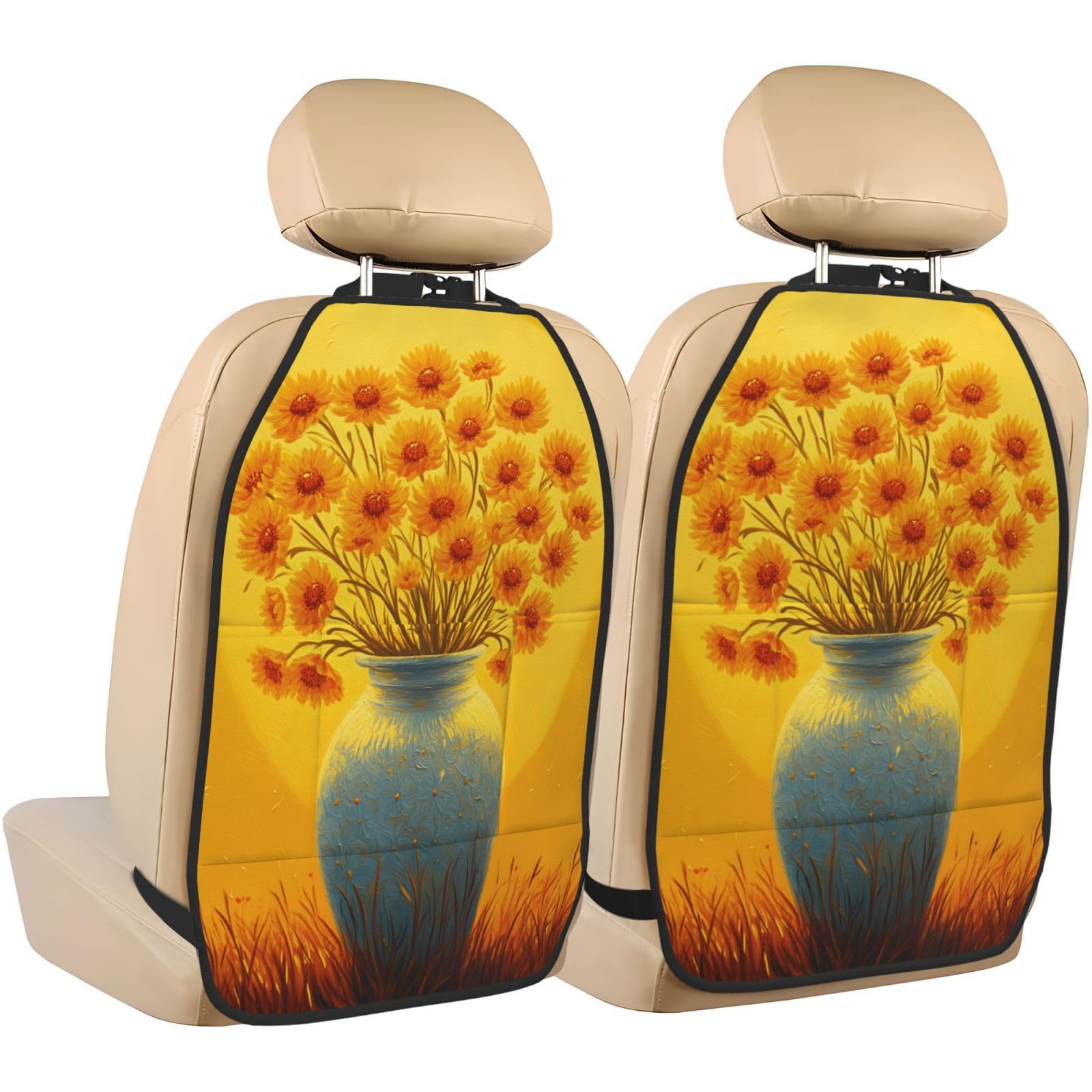 Yellow Flowers In Vase Car Seat Back Kick Protectors,2 Pack Kick Mats With Storage Pockets For Vehicles To Protect From Dirt Mud Scratches