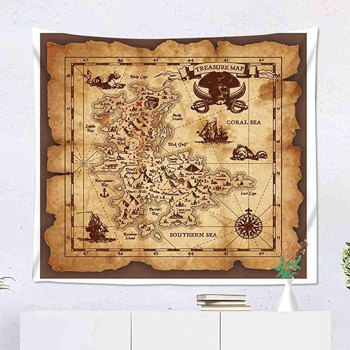 Miniatura 3 de Uoopati Tapiz para colgar en la pared, diseño de mapa del tesoro, diseño de piratas rústicos grungy, tema secreto de historia del mar, tapiz para