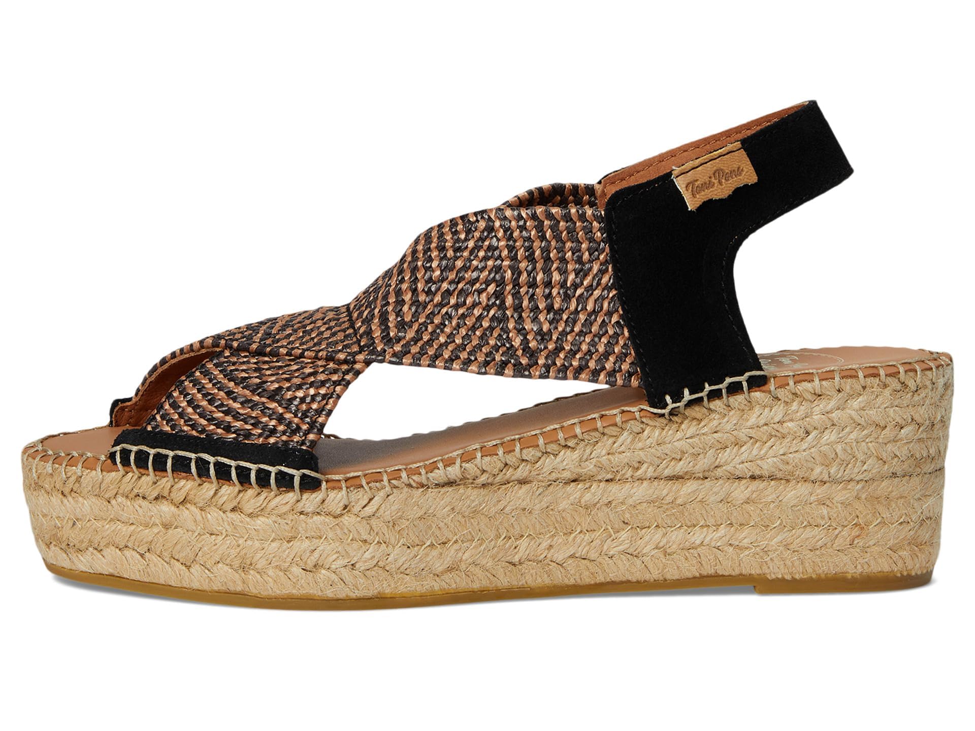TONI PONS - Sandalia de piel con tiras,cuña de esparto,plataforma,suela de goma,planta de gel, para: Mujer color: NEGRO talla:36