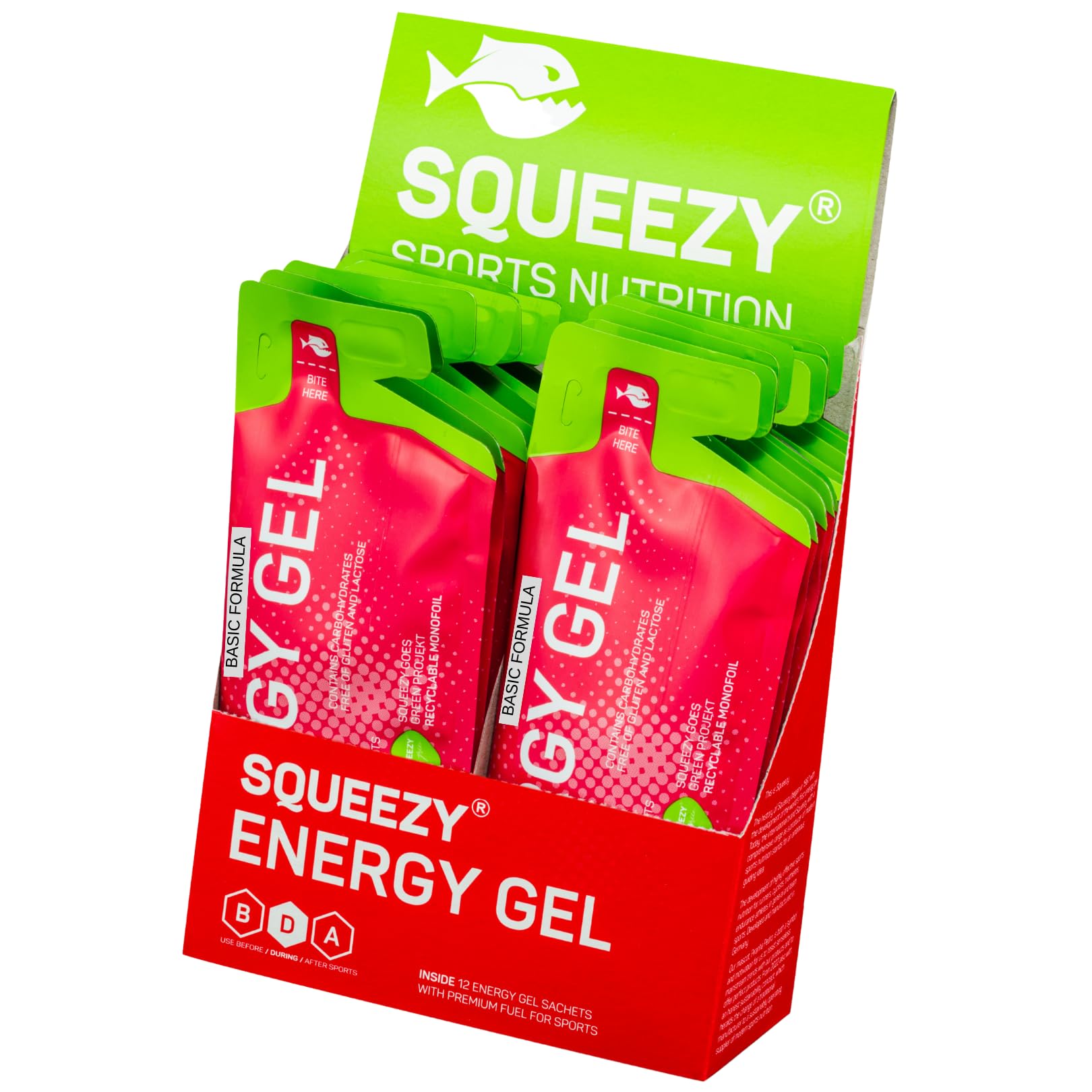 Squeezy Energy Gel Box Basic Formula (12x 33g) – Sport Gel für Ausdauer, schnelle & langanhaltende Energie – Laufen, Marathon, Radsport – Vegan, magenfreundlich, ohne künstliche Zusatzstoffe