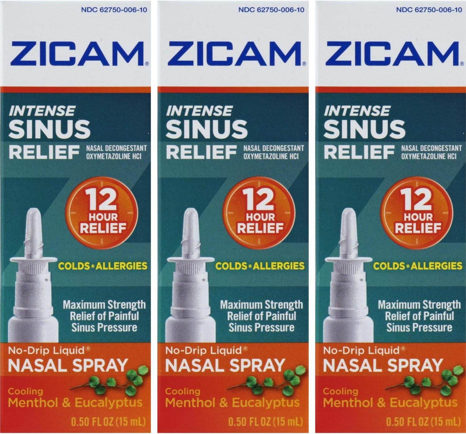 Zicam Intense Sinus Relief Nasal Spray, 12 Hour Relief of Painful Sinus Pressure, No-Drip Liquid with Cooling Menthol & Eucalyptus - 0.50 fl oz (Pack of 3)