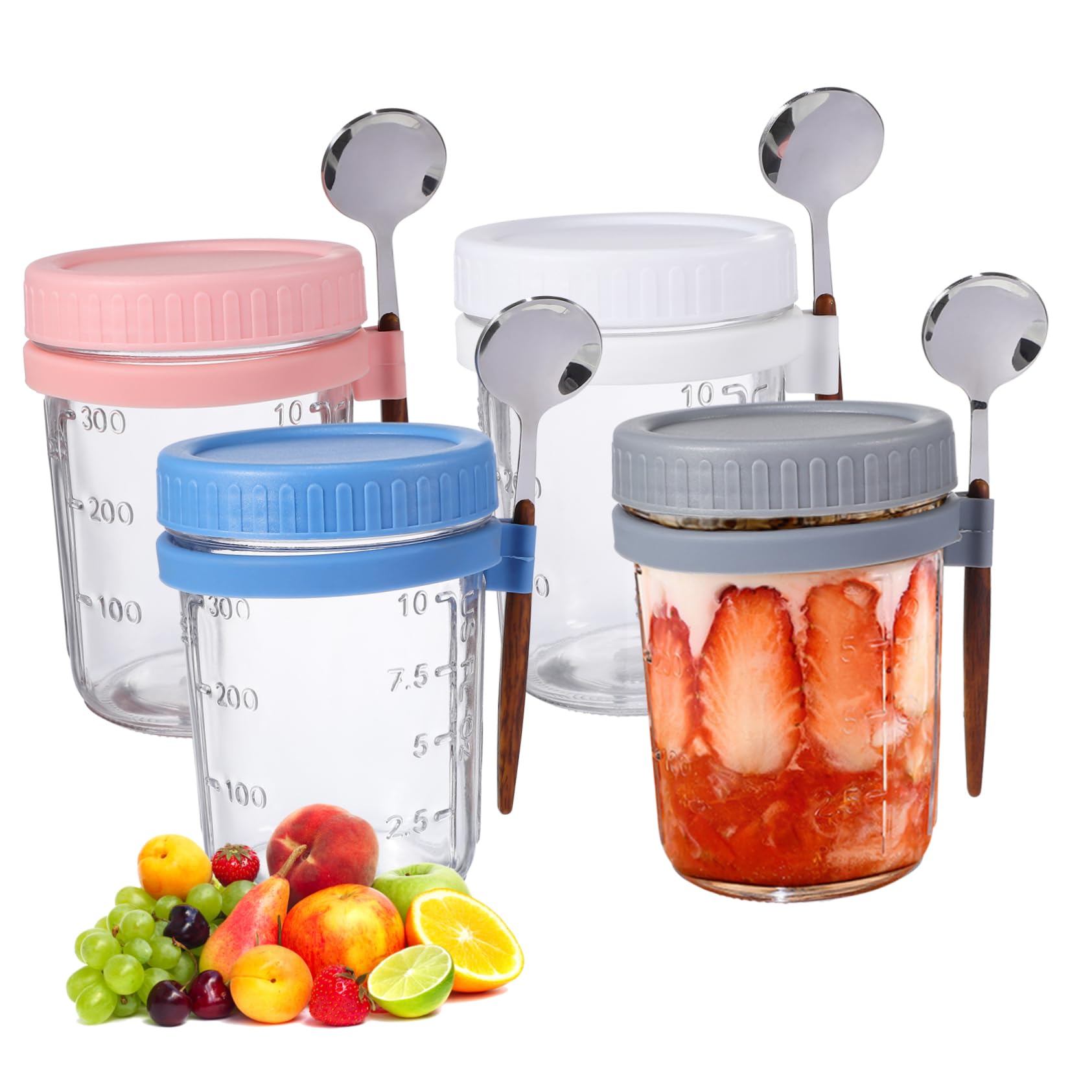 4 Stück Vorratsdose Glas mit Holzdeckel Auslaufsicher 400ml mit Löffeln für Overnight Oats Küche und Büro