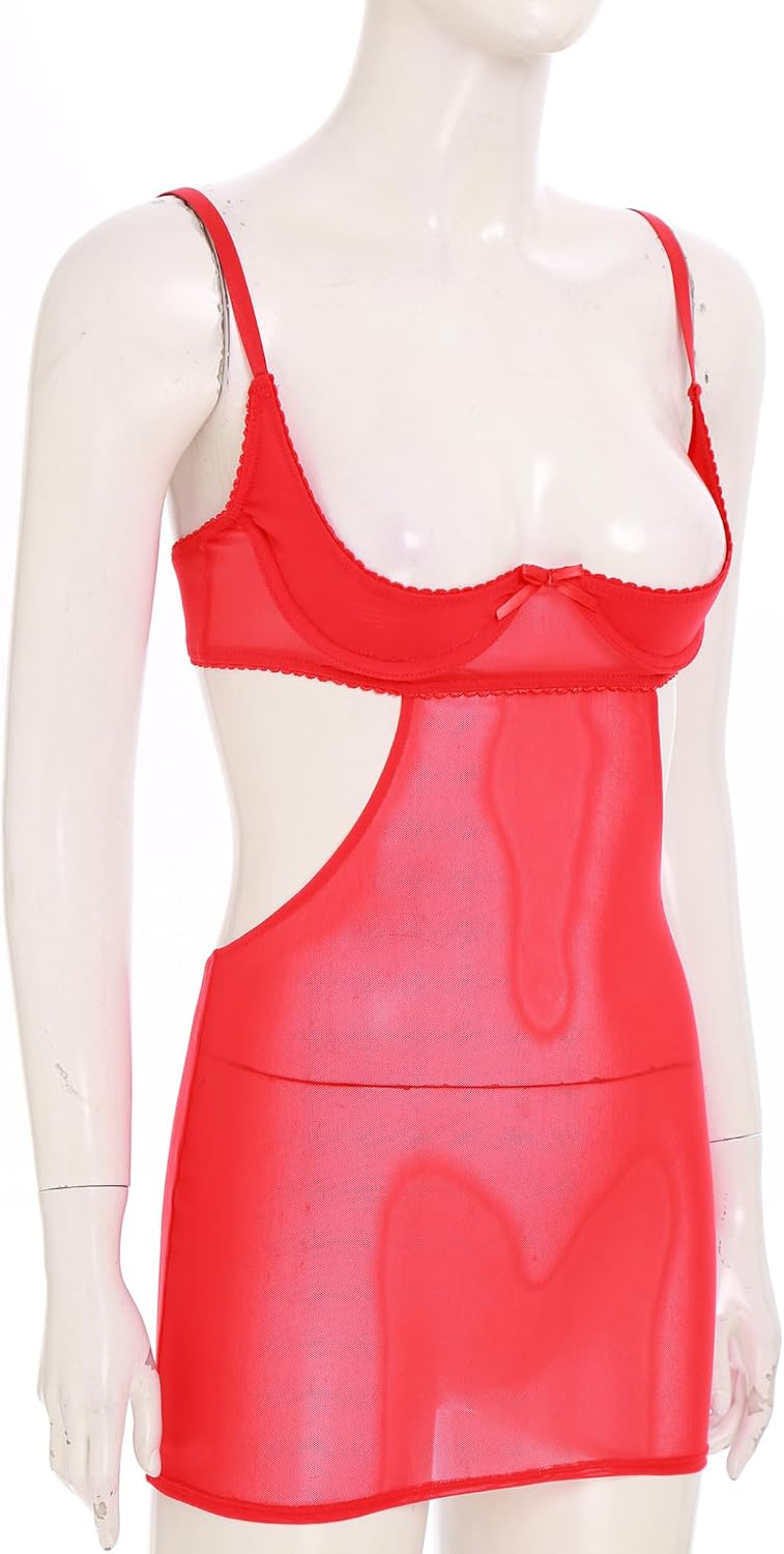 Freebily Womens Sheer Mesh Nightdress 1/4 Cup Underwire Bra Nightwear Bodycon Mini Dress Chemises