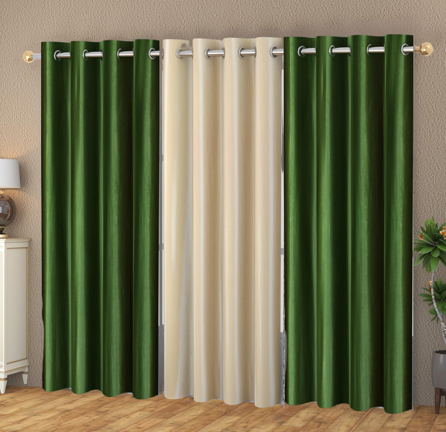 YUKANY Eyelet Polyester Modern Solid Crush Set of 3 Pcs. Door Curtains (5 Feet, 2 Dark Green + 1 Cream)