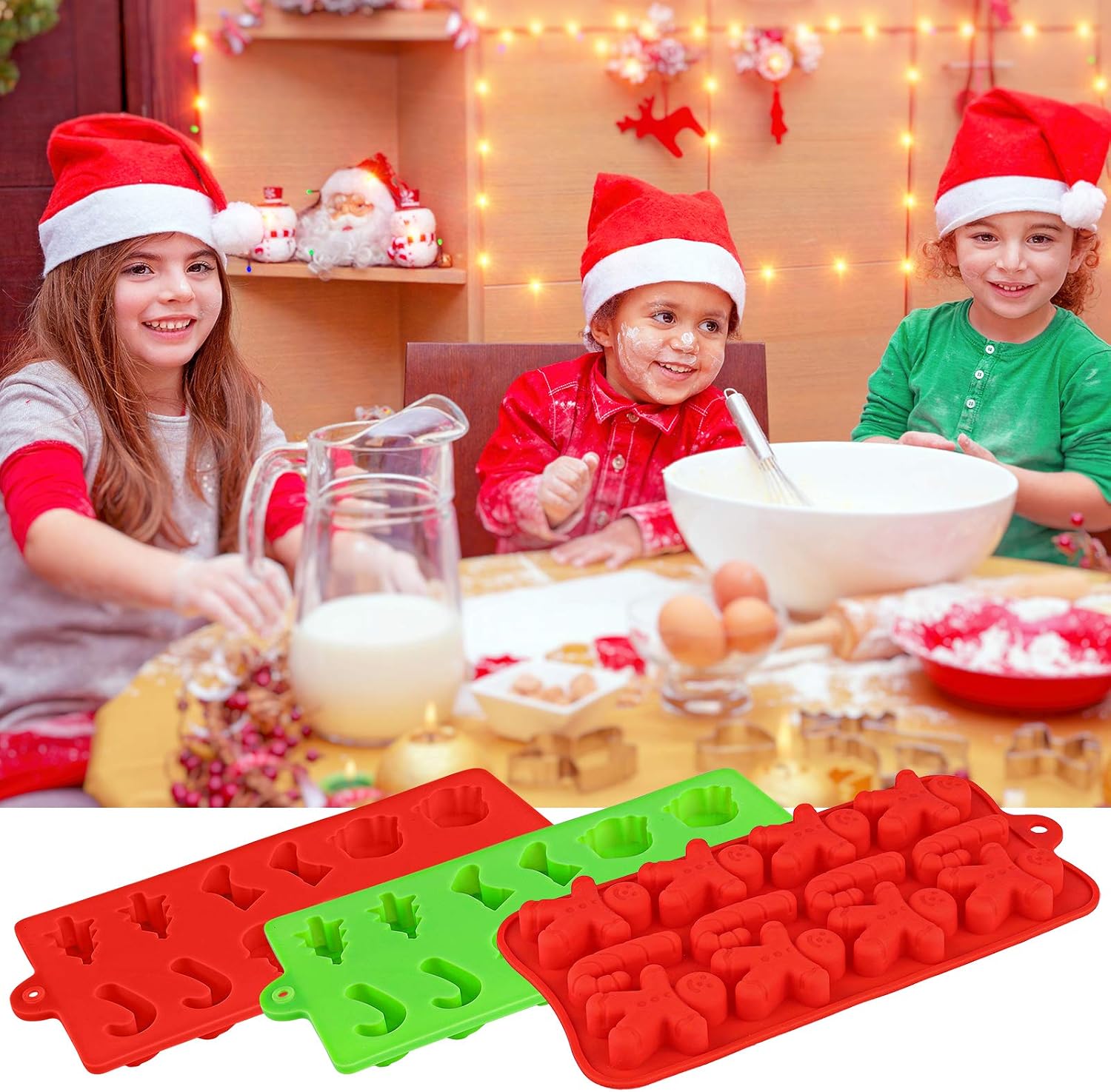 Aneco 6 Pack Christmas Silicone Candy Chocolate Molds Non Stick Candy Molds Cookies Baking Trays Pan with Christmas Elements Shapes for Party Decoration, Red, Green