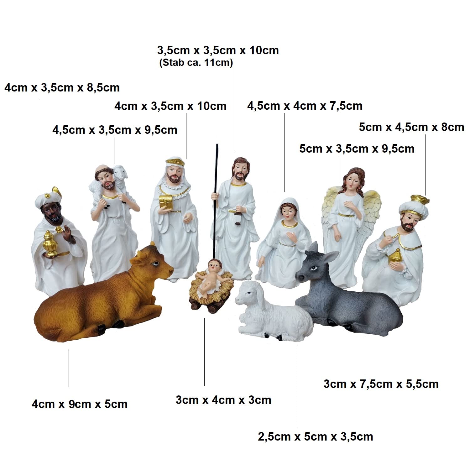 Geschenkestadl Krippenfiguren 11 teiliges Set Krippe Figuren Größe 2,5cm bis 10cm, Mehrfarbig