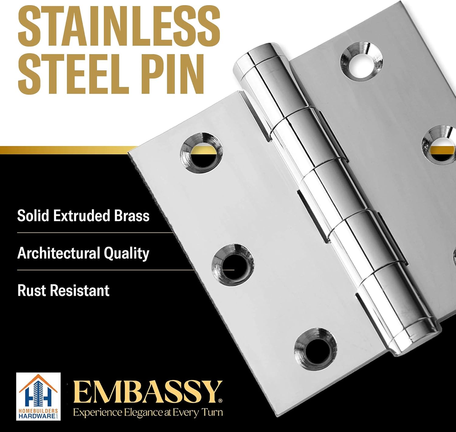 EMBASSY Door Hinge Solid Brass - 3 x 3 Inch, Heavy Duty, Polished Chrome, Rust Resistant Pin, Architectural Designer Grade, Home Improvement, 2 Pack