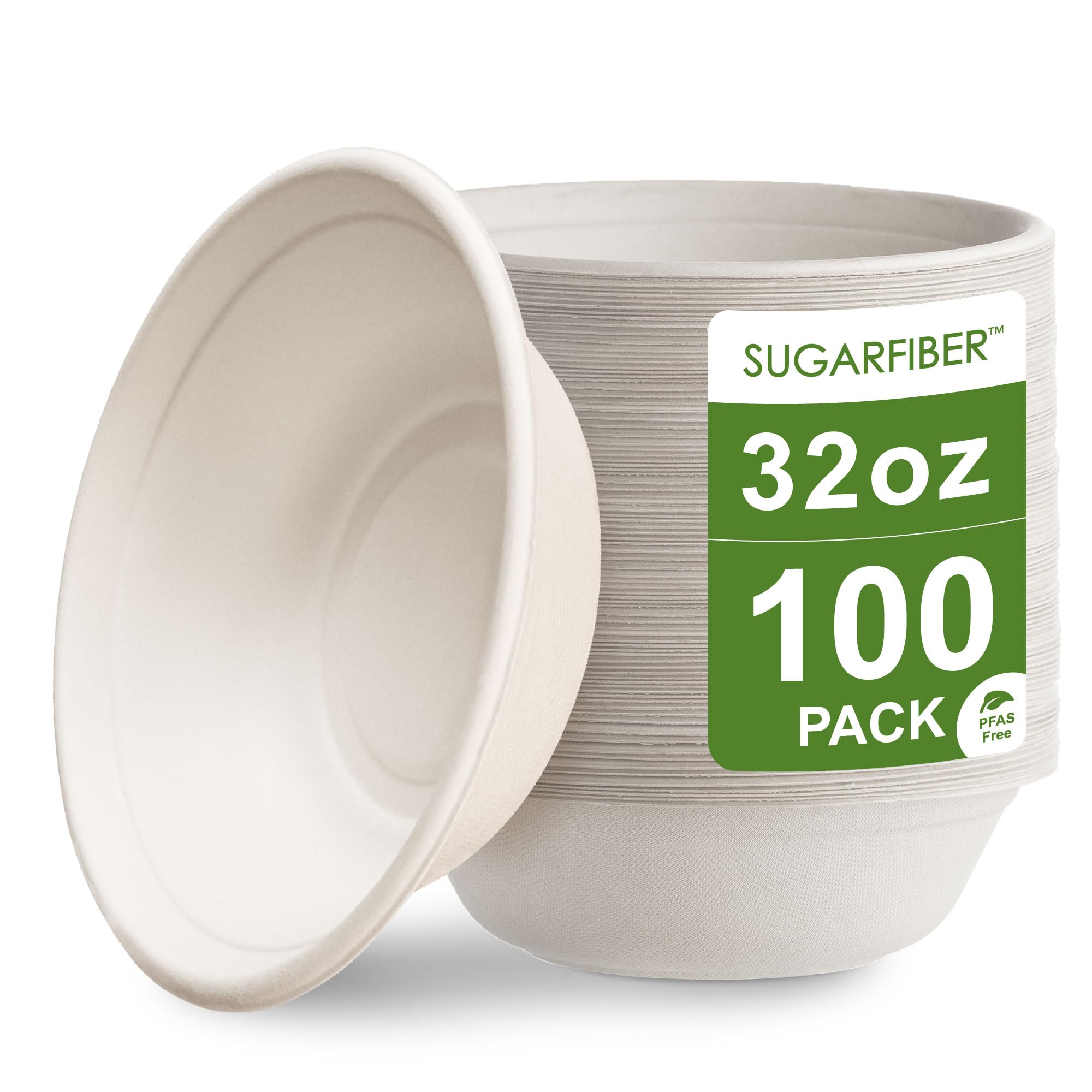 Paquete de 100 cuencos de papel redondos blancos sin PFAS de 32 onzas, compostables, resistentes, ecológicos, desechables, fibras vegetales de caña de azúcar, para preparación de comidas y comida para