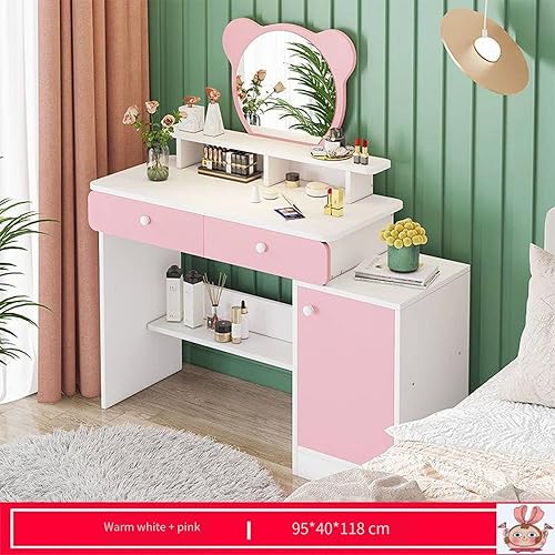 Miniatura 9 de Juego de tocador con espejo, tocador de maquillaje de princesa de madera con taburete, 2 cajones de almacenamiento y estante de exhibición, bonito