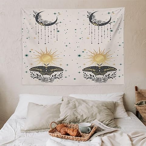 VUMIVI Mystic Moth Tapestry Vintage Floral Abstract Moon Phases Sun Stars Tapestry Wall Hanging for Living Room Bedroom Dorm Classroom Aesthetic Decor W40xL30in