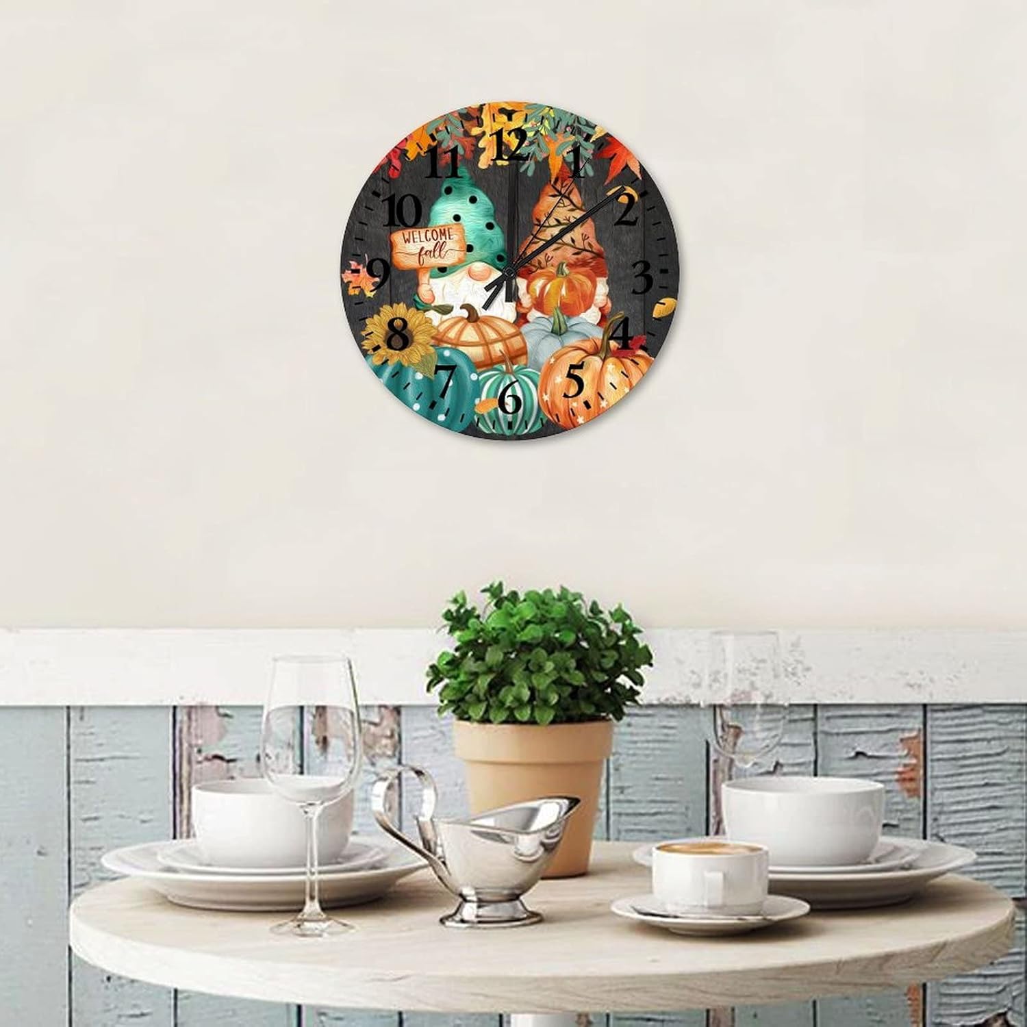 Welcome Fall Gnome Pumpkins Wooden Clocks 12 Inch, Thanksgiving Autumn Halloween Rustic Wood Wall Clock Silent & Non-Ticking Round Arabic Numbers Clock for Dining Room Decor