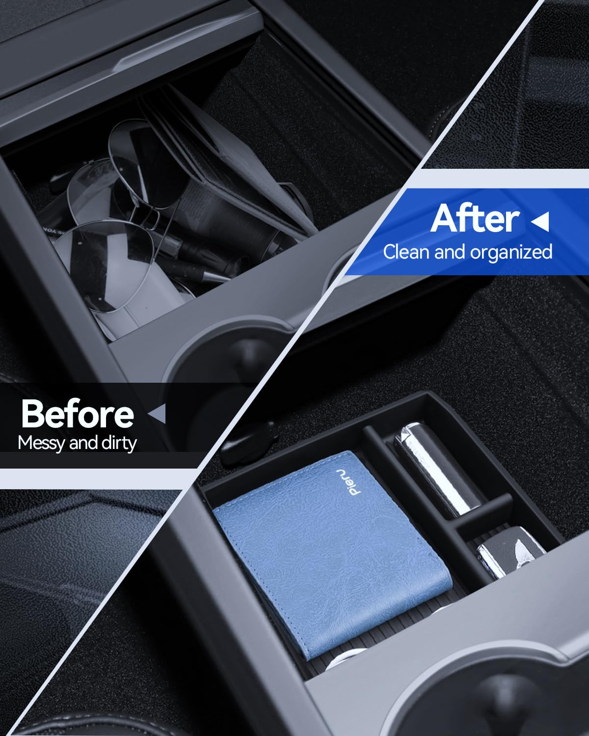 5 Pcs Zubehör für Tesla Model 3 2024-2026 Mittelkonsole Organizer, Silikon Organizer Tray, Armlehne Aufbewahrungsbox, Versteckte Box und Getränkehalter