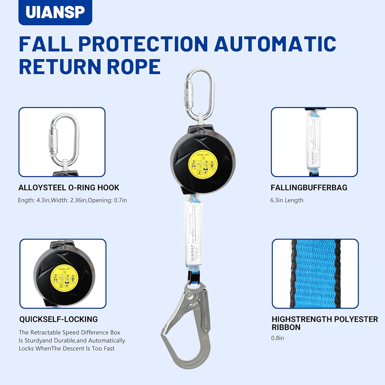 11FT Self Retracting Lifeline Fall Protection Retractable Safety Lanyard Rectracting Lifeline Personal Fall Arrest Protection ANSI Self Retractable Gear for Roofing Construction(Big Hook)