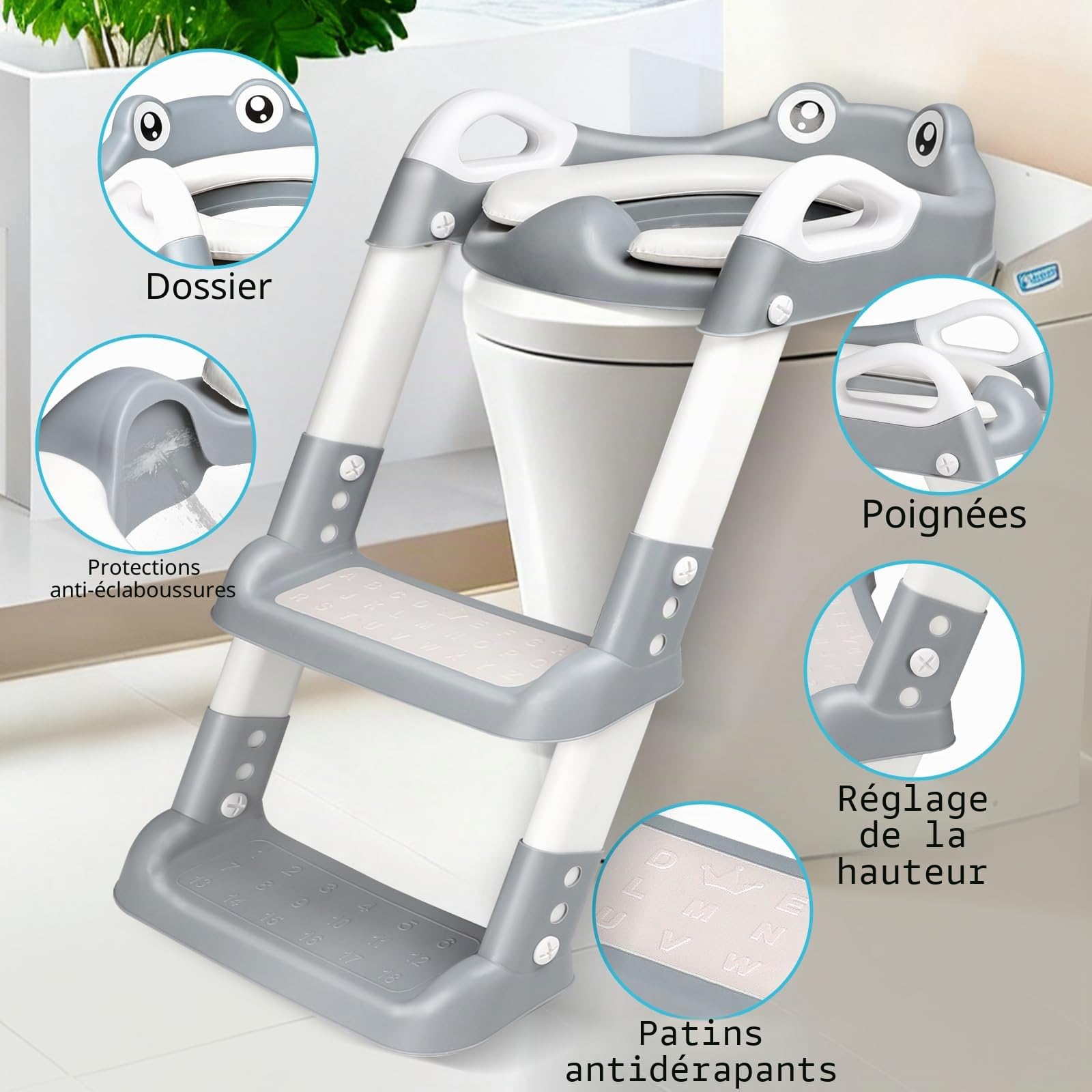 Reducteur Toilette Enfant, Réducteur WC avec Marches, Rehausseur Toilette Enfant avec Coussin PU, Hauteur Réglable et Pliable, Antidérapant, Adaptateur Toilette pour Garçons et Filles (Blanc, Gris)