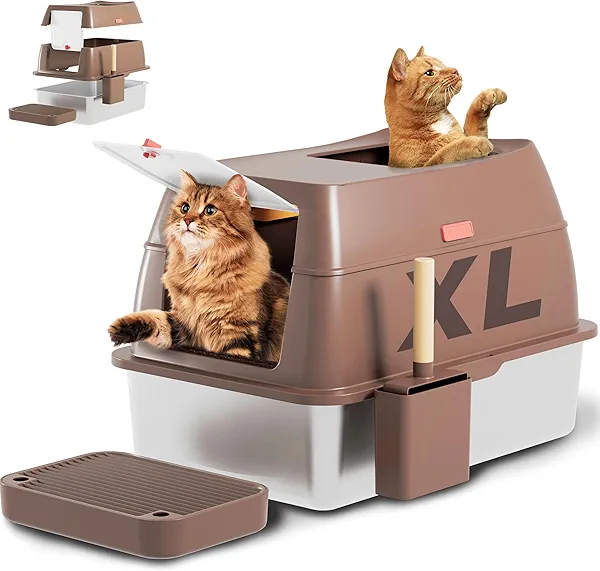 CubCore Stainless Steel Litter Box Extra-Large 23.6" with Dual Entry Enclosed Removable Metal Litter Box with High Sided Enclosure & Scoop for Big Cat Non-Sticky Easy Cleaning (Brown)