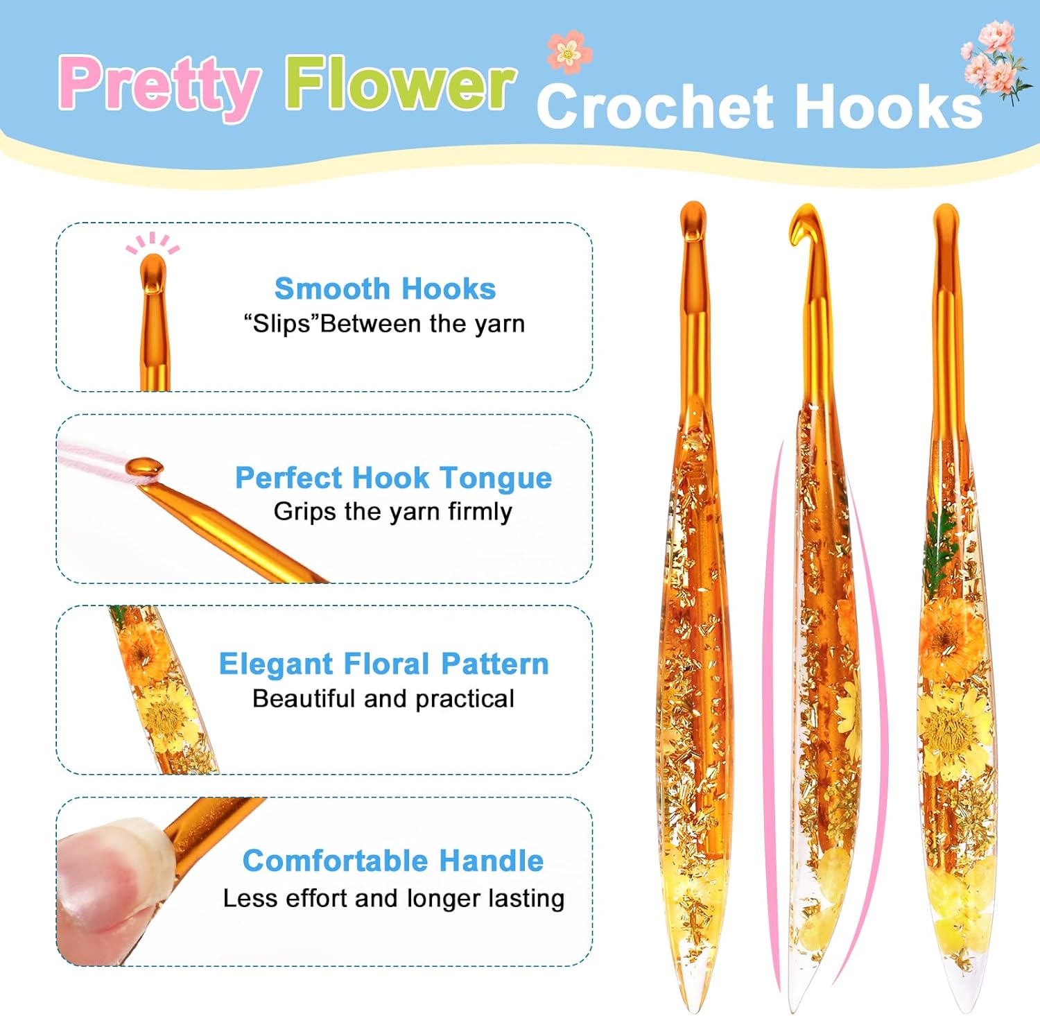 KOKNIT Ergonomic Crochet Hooks Set - 3 Sizes with Floral Resin Handles for Arthritis & Beginners, Comfort Grip for Hand Pain, Extended Soft Handle Design (Multicolor, 5-5.5-6mm)